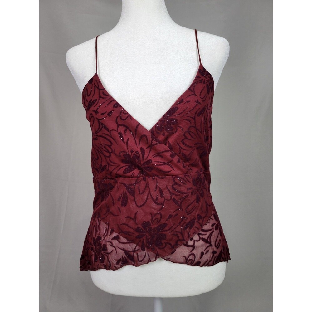90s Y2K Sheer Floral Burnout Fairy Grunge Cami Top Womens Small Burgundy Glitter